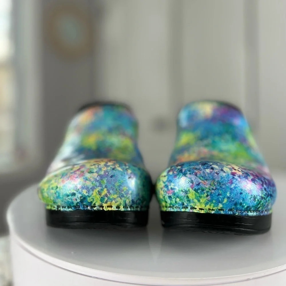 Dansko Teal Purple Pink Green Yellow Speckled Leather Clogs Size 11.5 - Picture 13 of 17